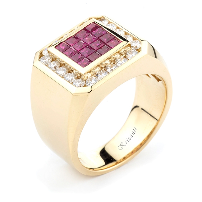 18KTY INVISIBLE SET GENT'S RING, DIAMOND 0.95CT,RUBY 1.04CT